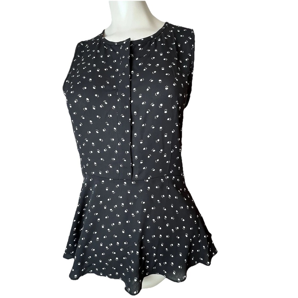 Loft Peplum Paw Print? Mixed Media Shirt Women Sleeveless Black White Sz Small
